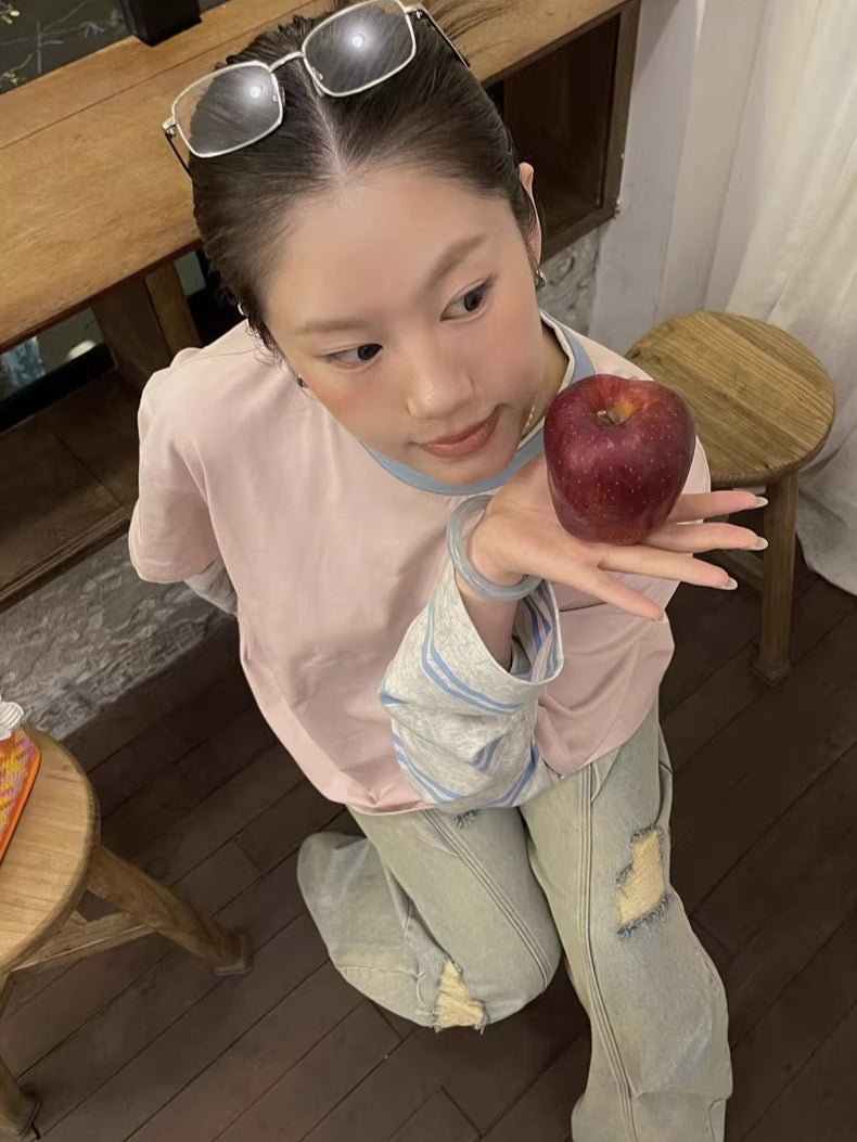 Contrast-Neck Relaxed Patchwork Cotton T-Shirt