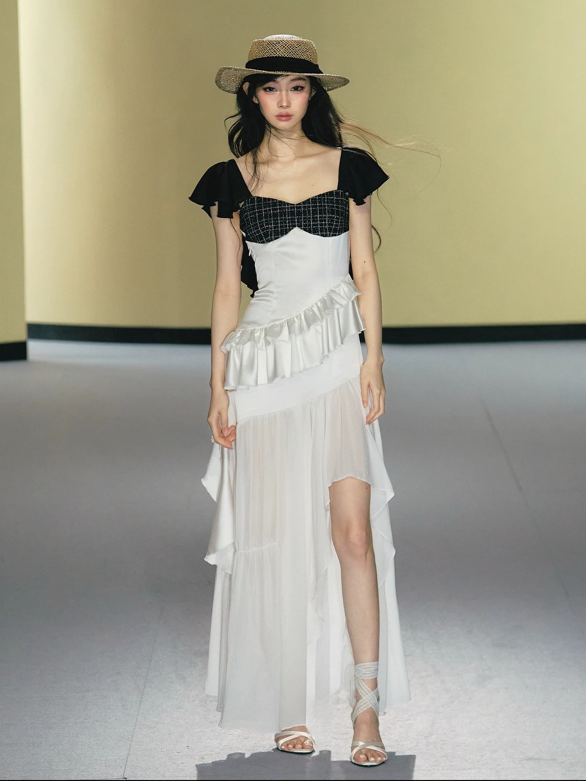Contrast Tweed Satin Patchwork Maxi Dress