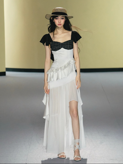 Contrast Tweed Satin Patchwork Maxi Dress