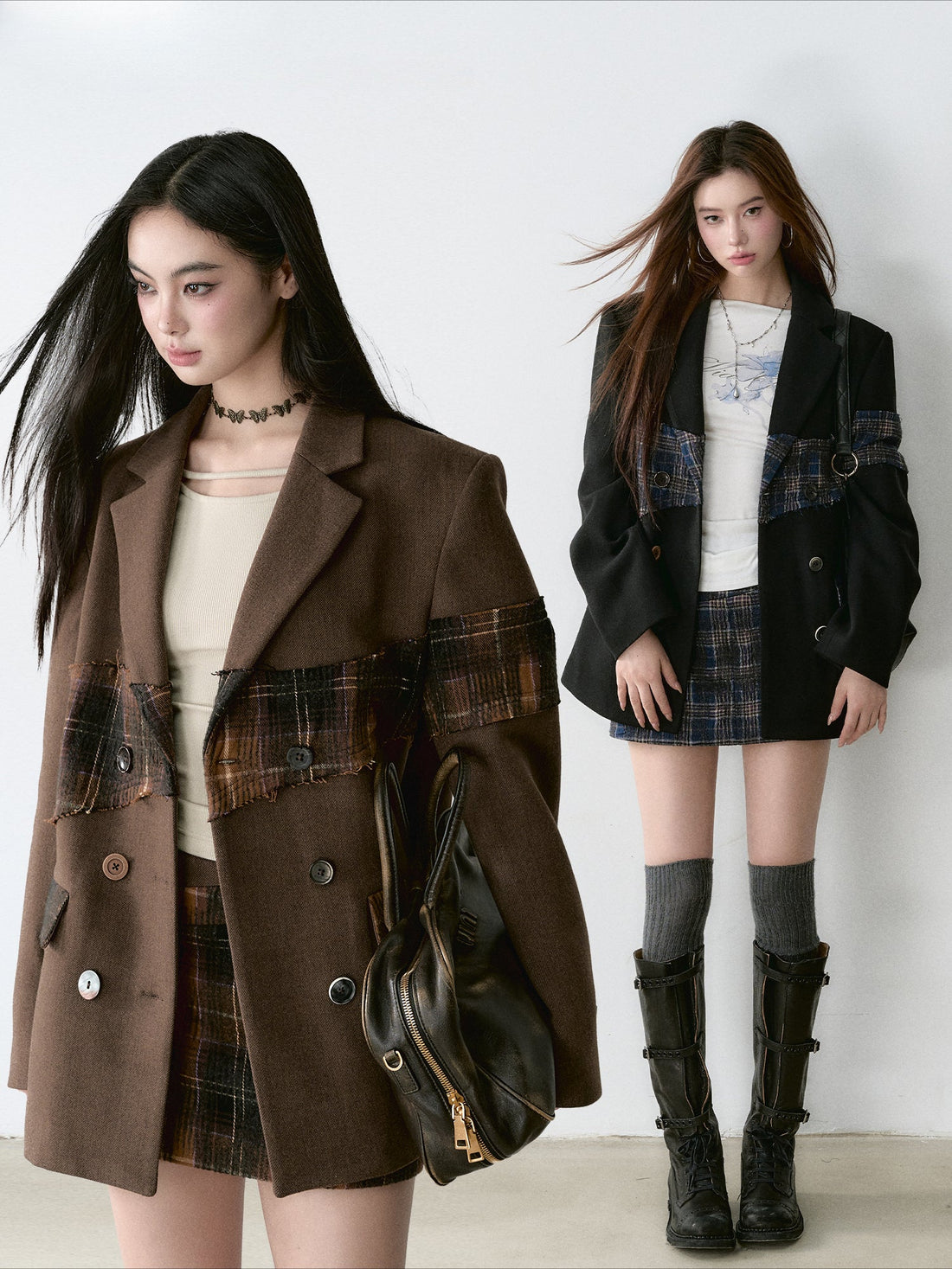 Wool Plaid Patchwork Mid-Length Coat - CHINASQUAD