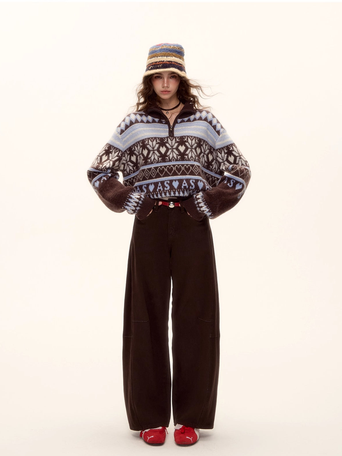 Vintage Fair Isle Half-Zip Fringe Hem Sweater