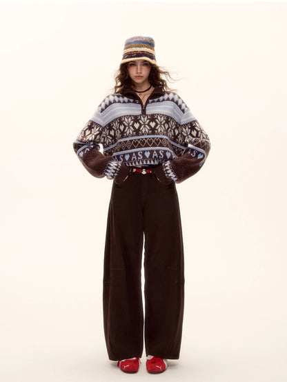 Vintage Fair Isle Half-Zip Fringe Hem Sweater