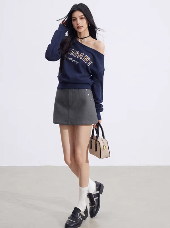 Off-Shoulder Letter-Print Cropped Sweatshirt