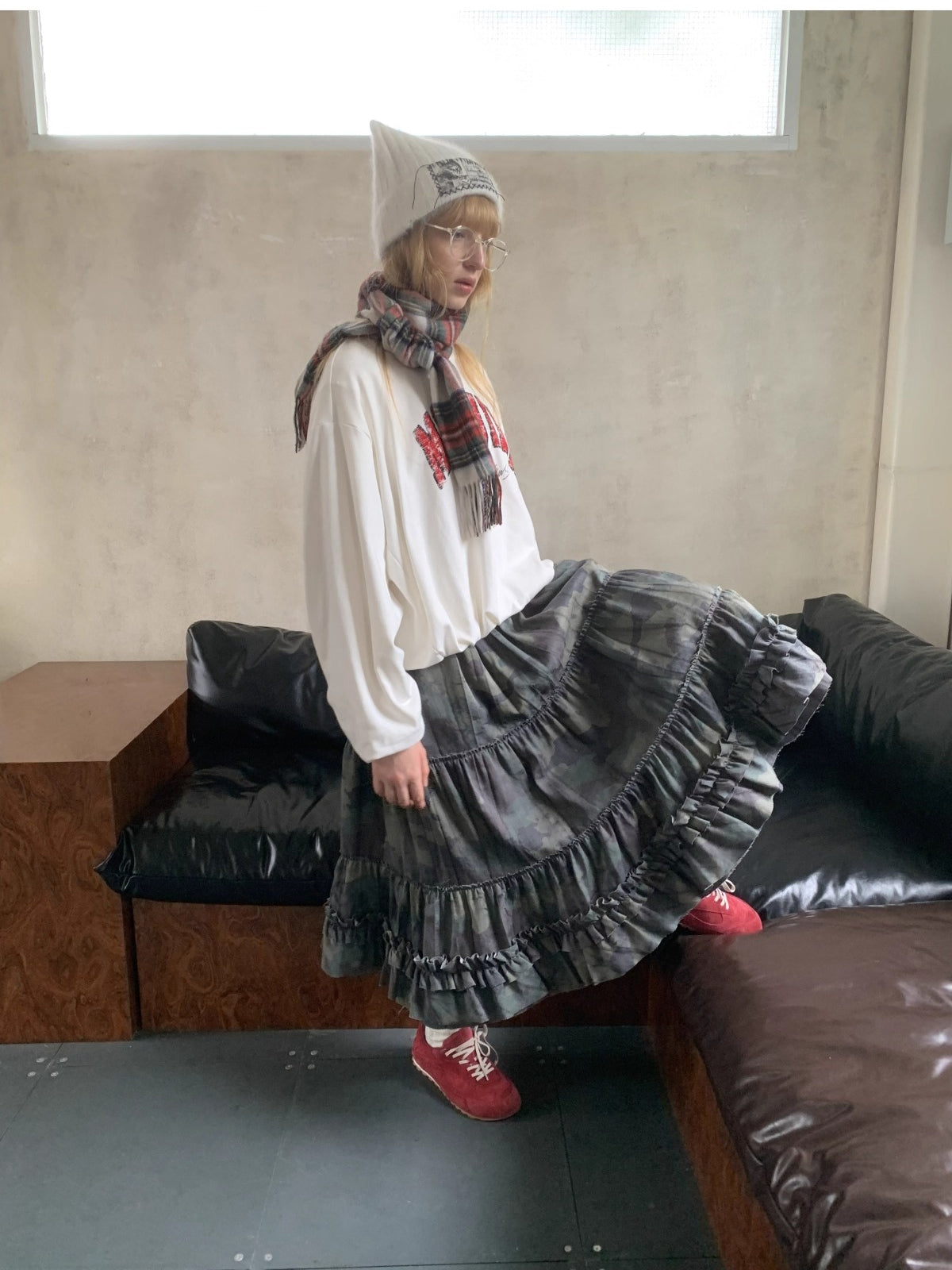 Camouflage Raw-Edge Ruched Layered Skirt