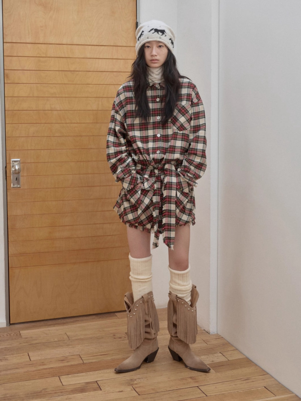 Vintage Red Plaid Frayed-Edge Utility Shirt Dress