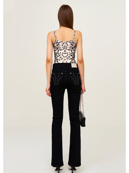 Rivet Biker Zipper Elastic Split Flare Jeans