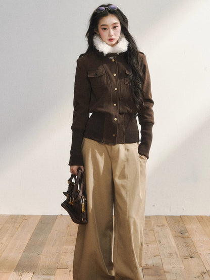 Vintage-Inspired Brown Fleece Lining Wool-Blend Jacket