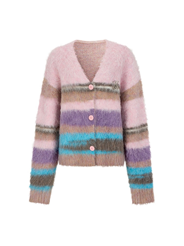 Brushed Colorblock Striped Knit Cardigan