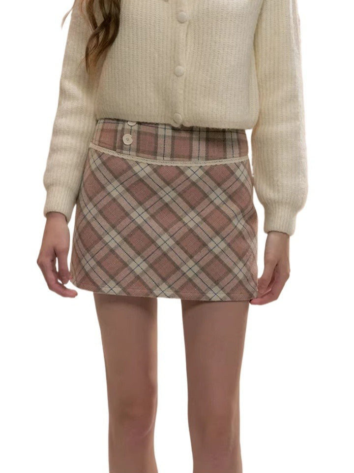 Pink Plaid Wool Mini Skirt