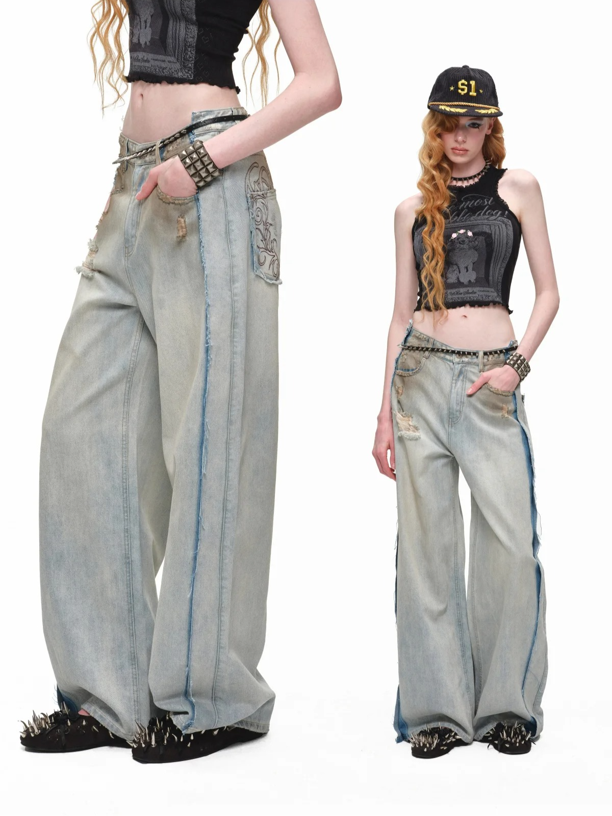 Vintage Mud-Wash Embroidered Barrel-Leg Jeans CHINASQUAD