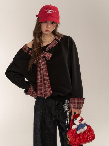 Plaid Patchwork Bow Sweatshirt