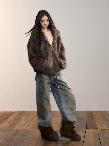 Fuzzy Hooded Plush Sweatshirt Jacket