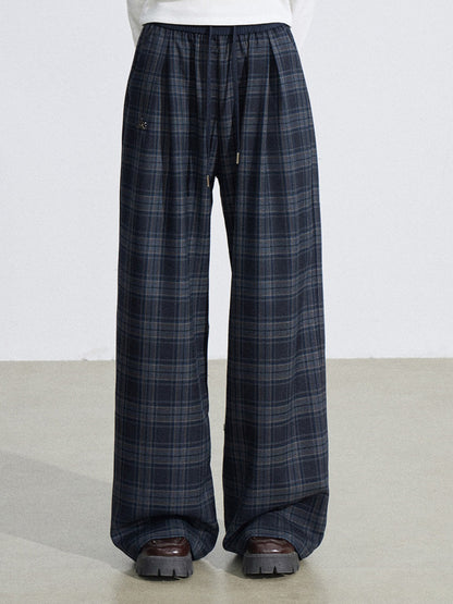 Elastic Waist Plaid Panel Wide-Leg Trousers