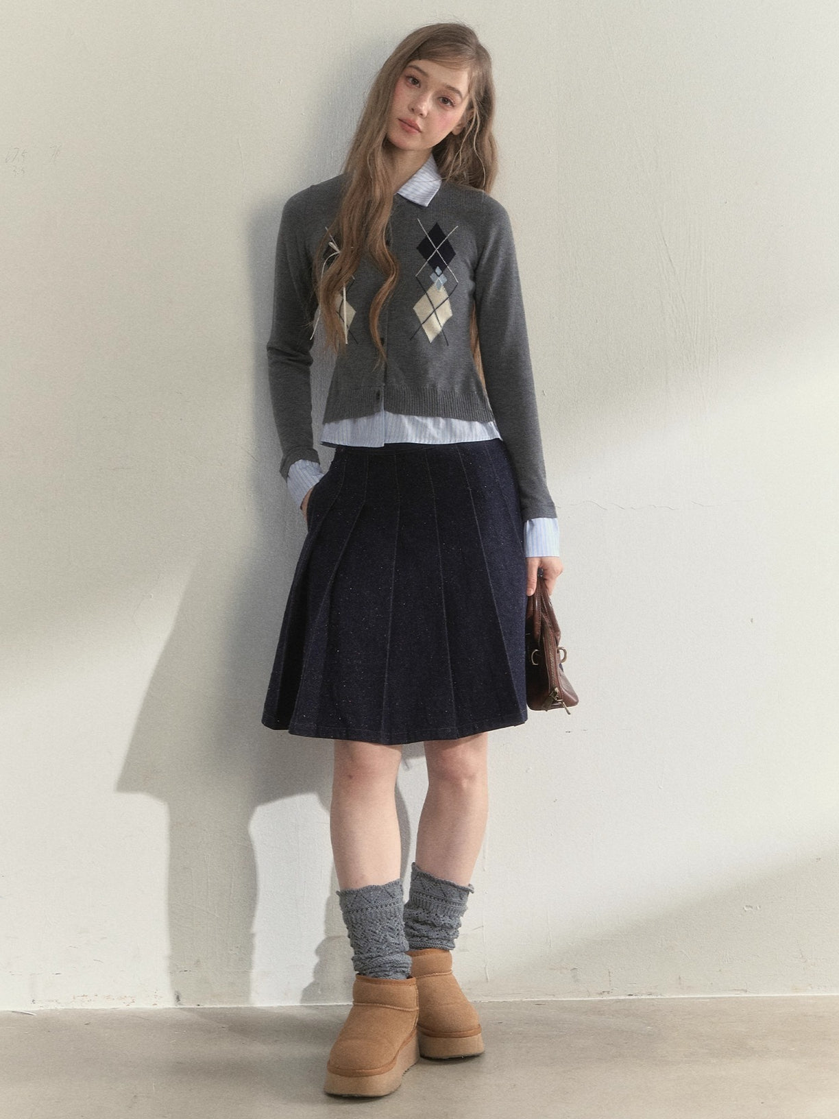 Layered Argyle Shirt Collar Knit Cardigan