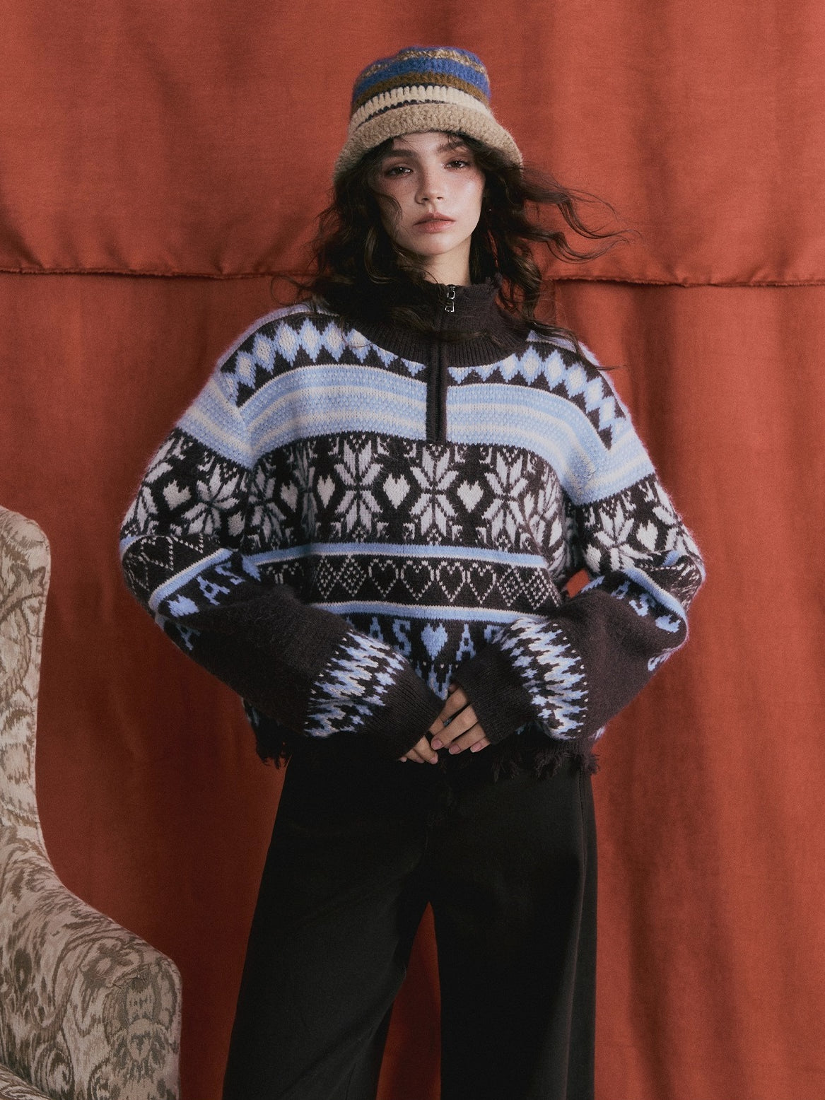 Vintage Fair Isle Half-Zip Fringe Hem Sweater