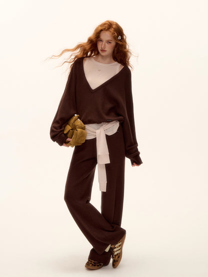 Waffle Knit V-Neck Pullover &amp; Tank Top &amp; Wide-Leg Pants Set