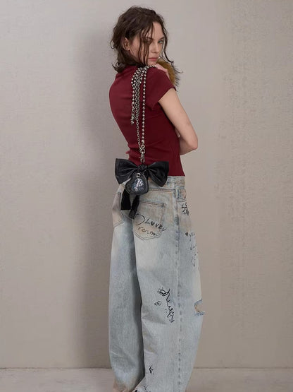 Graffiti Spray-Wash Wide-Leg Denim Jeans