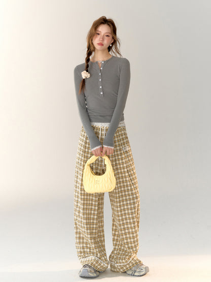 Lace-Trimmed Plaid Wide-Legged Pants