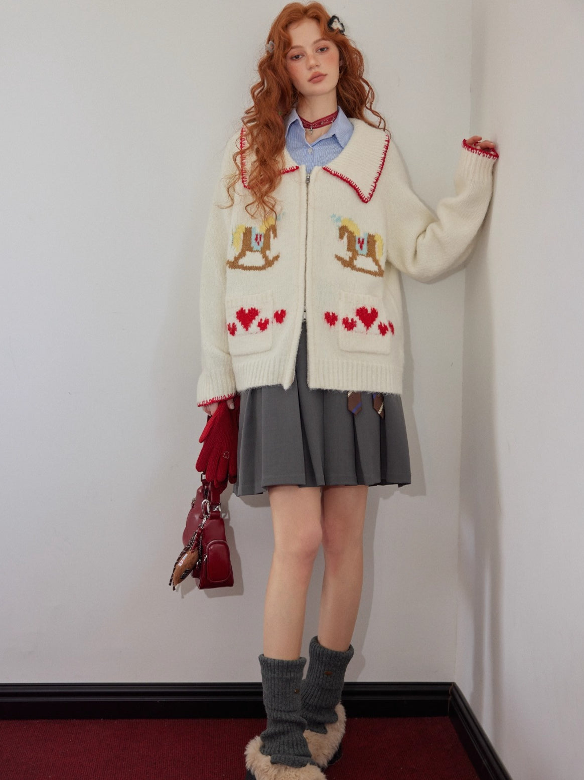 Contrast-Trim Pony Jacquard Zip-Up Knit Cardigan