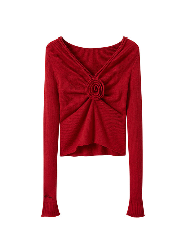 Rose Embellishment V-Neck Sweater