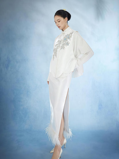 Ivory Embroidered Mandarin Collar Feather Hem Set