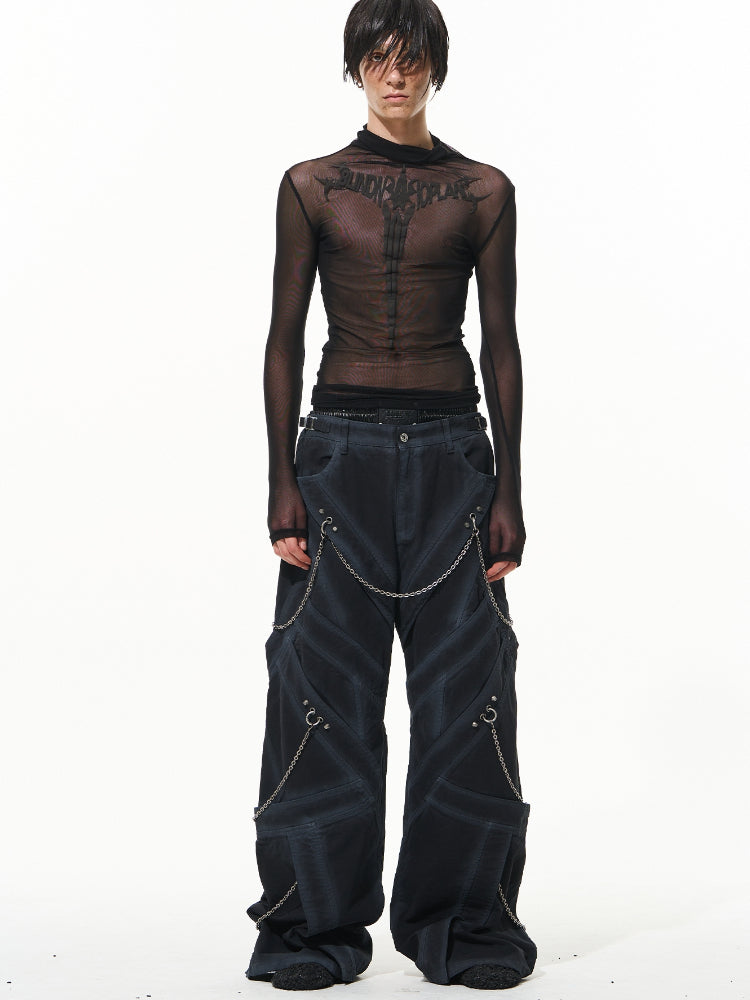 Black Chain-Decorated Washed Cargo Pants