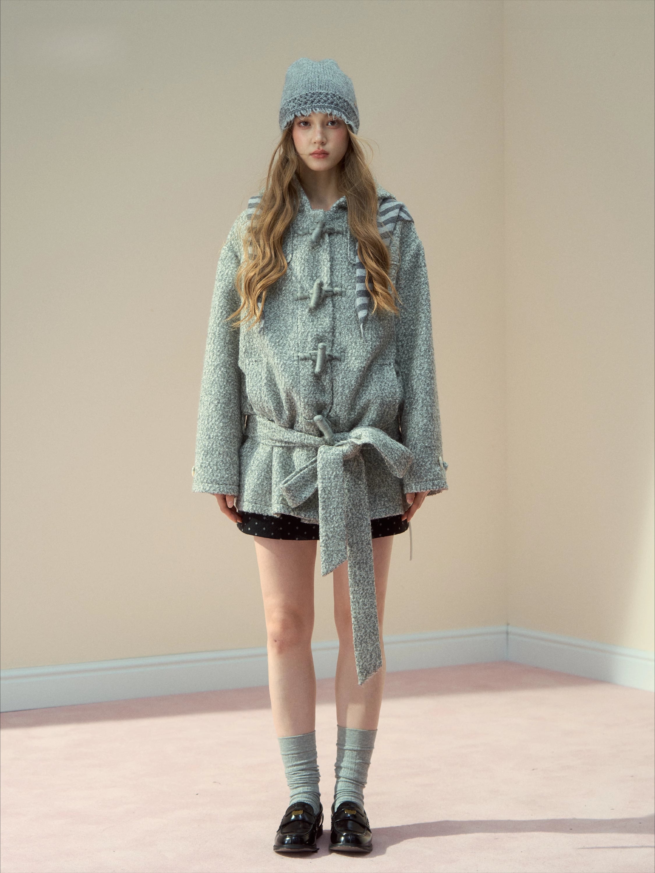 Light Grey Wool-Blend Toggle Belted Coat