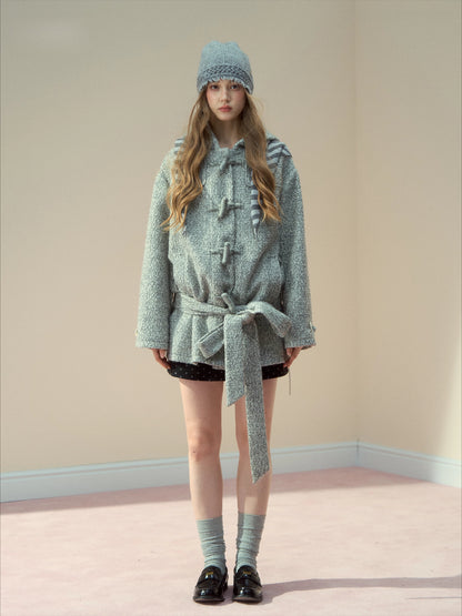 Light Grey Wool-Blend Toggle Belted Coat