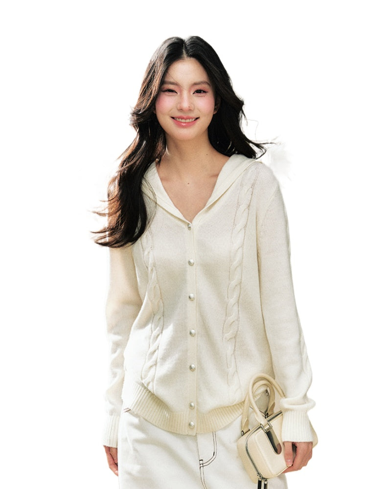 White Hooded Sweater Inner Fitted Knit Cardigan