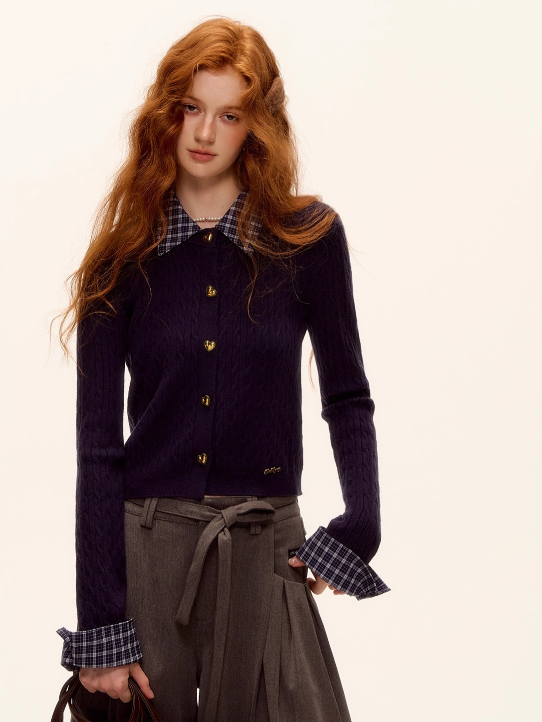 Wool Blend Plaid Patchwork Cable Knit Cardigan