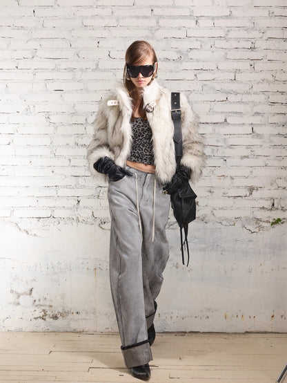 Metal-Buckle Stand Collar Faux Fur Coat