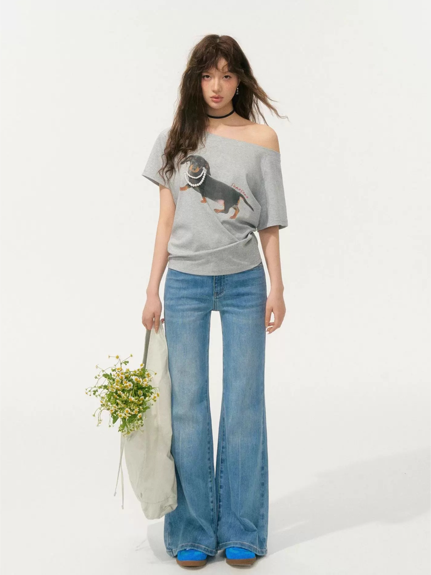 Pearl Embellished Dachshund Off-Shoulder T-Shirt