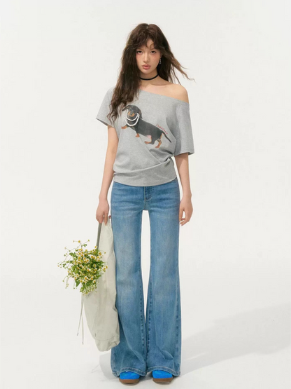 Pearl Embellished Dachshund Off-Shoulder T-Shirt