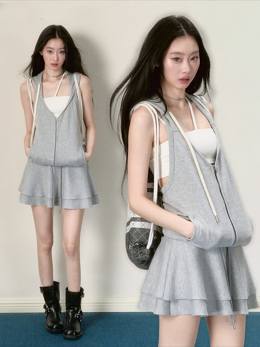 Gray Sleeveless Hooded Dress