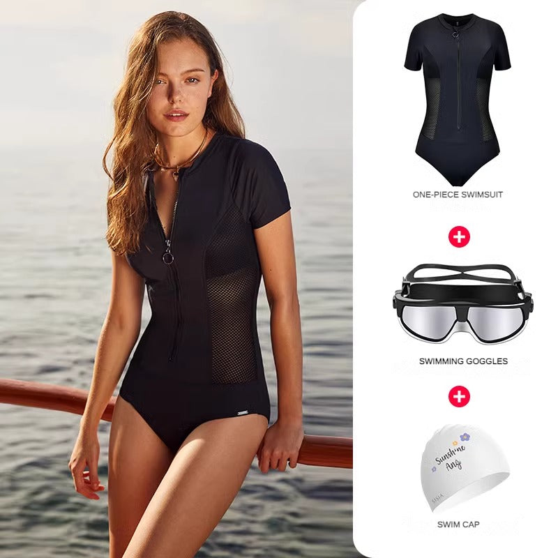 Black Zip-up Swimsuit &amp; Cap &amp; Goggles