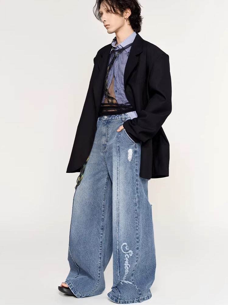 Laser Logo Seam Wide-Leg Denim Pants