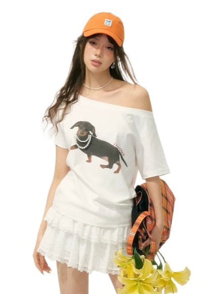 Off-Shoulder Pearl Embroidered Asymmetrical T-shirt - CHINASQUAD