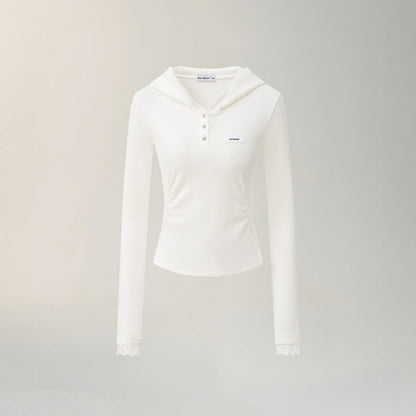 Lace Hooded Slim-Fit Long Sleeve T-Shirt