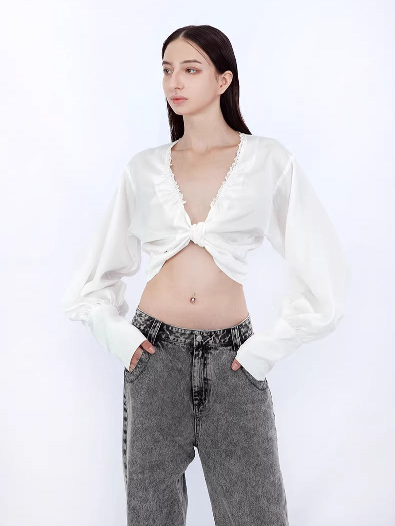 Convertible Ruched V-Neck Acetate Blouse