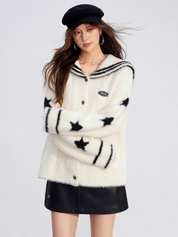Navy-Collar Mink Plush Knit Turtleneck