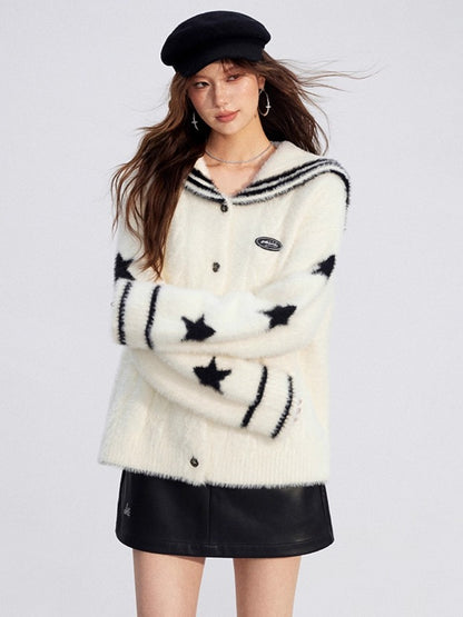 Navy-Collar Mink Plush Knit Turtleneck