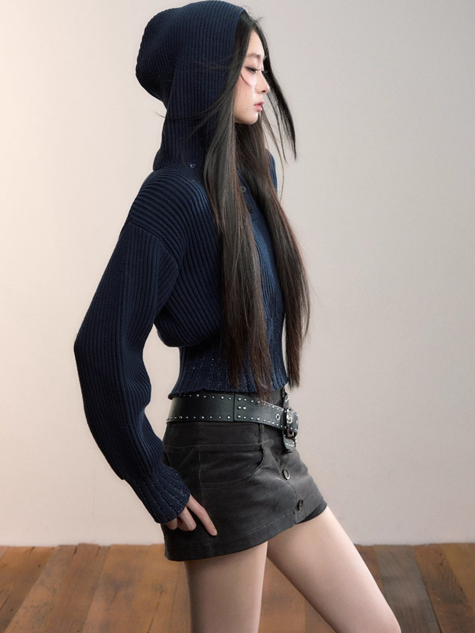 Ribbed Hooded Knit Pullover Sweater