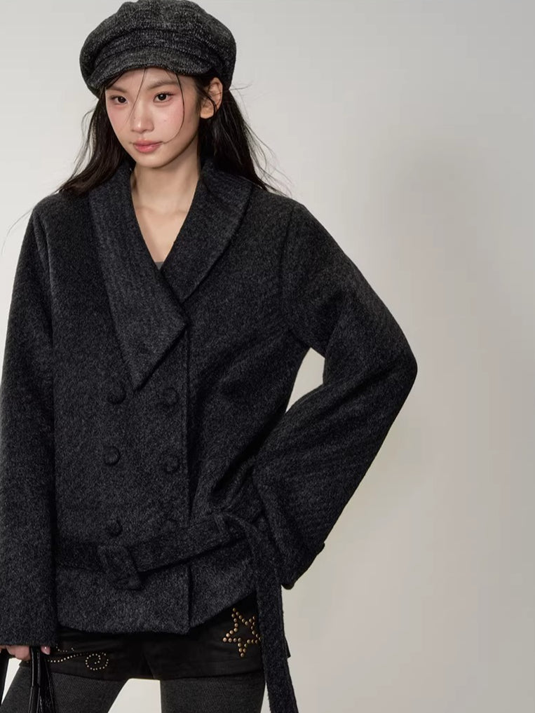 Fur-Collar Double-Breasted Wool Jacket