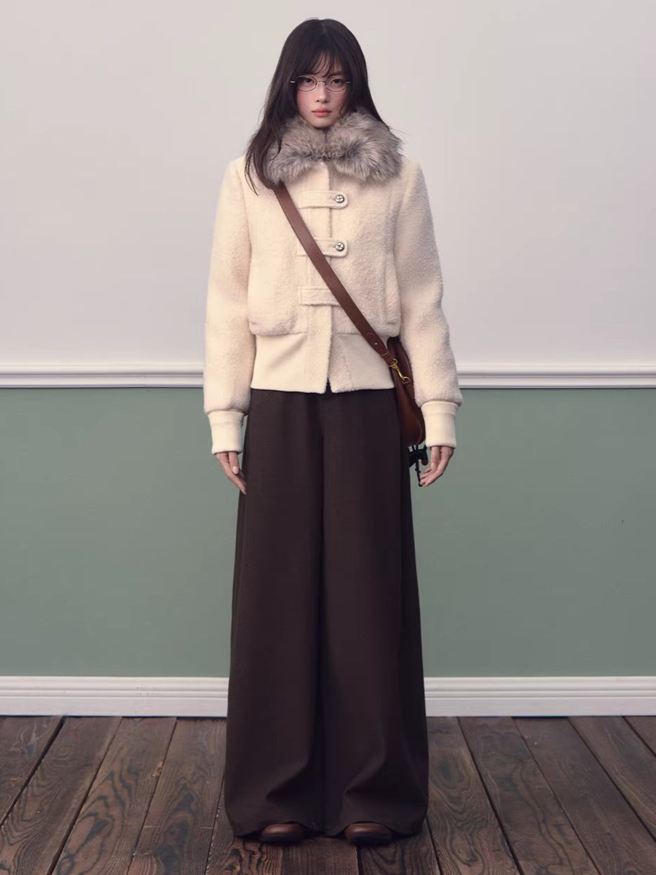 Wool-Blend Fur-Collar Short Down Jacket