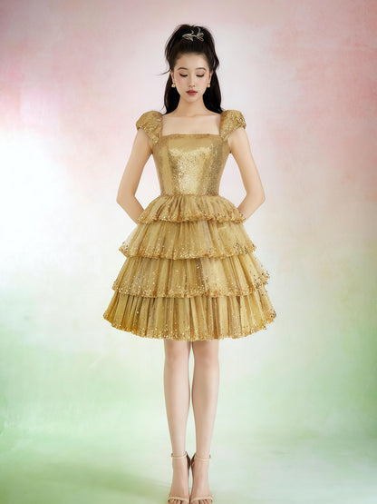 Golden Tiered Sequin Princess Mini Dress