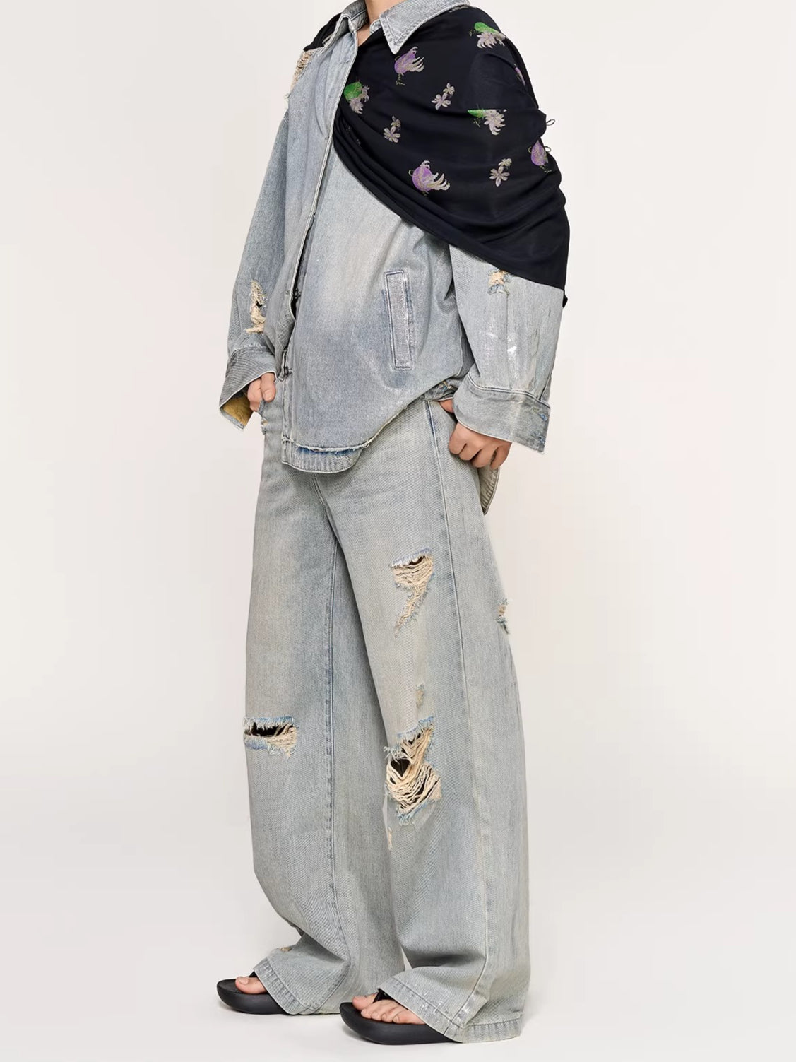 Silver-Foil Double-Waist Denim Pants