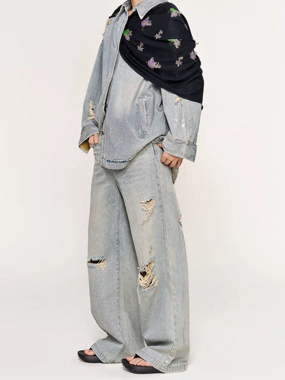 Silver-Foil Double-Waist Denim Pants