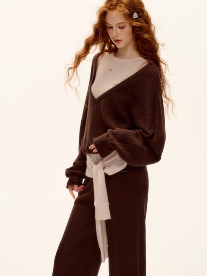 Waffle Knit V-Neck Pullover &amp; Tank Top &amp; Wide-Leg Pants Set
