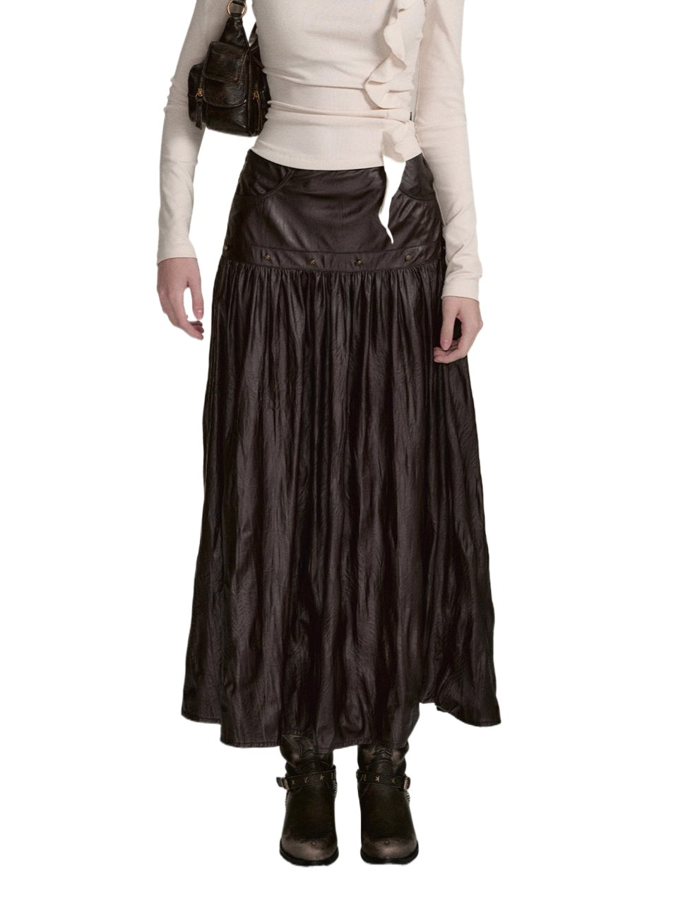 Dark Coffee PU Midi Skirt