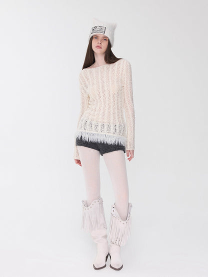 Cable-Knit Faux-Fur Trim Fitted Sweater - CHINASQUAD